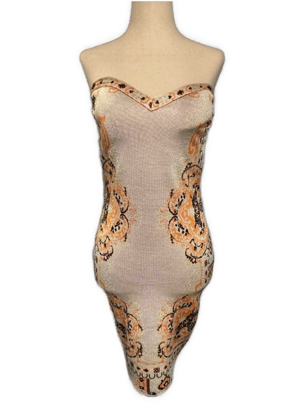 WOW Couture Strapless Bodycon Mini Dress Baroque Print Orange White Black Small